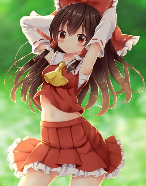 Anime picture 2300x2924 with touhou hakurei reimu suigetsu (watermoon-910) single long hair tall image looking at viewer blush fringe highres breasts hair between eyes red eyes brown hair long sleeves parted lips blurry armpit (armpits) midriff arms behind head