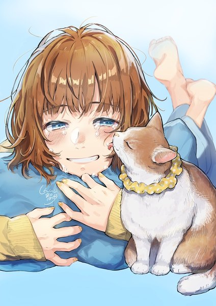 Anime picture 905x1280 with original piroshiki123 single tall image blush short hair blue eyes smile brown hair signed lying nail polish barefoot tears grin on stomach crying messy hair pillow hug girl