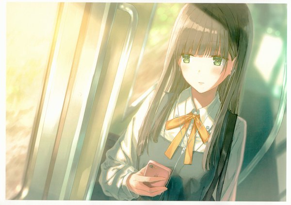 Anime picture 3430x2413 with original hiten (hitenkei) single long hair blush fringe highres black hair standing green eyes looking away absurdres upper body blunt bangs long sleeves sunlight scan dutch angle border expressionless