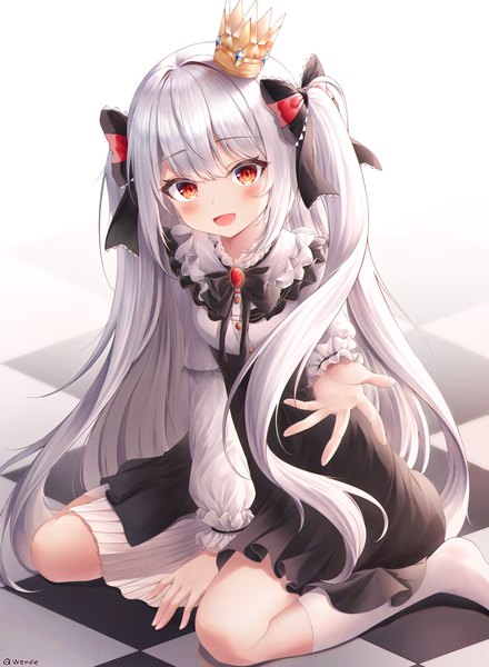 Anime picture 4400x6000 with original ichizon single long hair tall image looking at viewer blush highres open mouth red eyes sitting absurdres silver hair :d two side up wariza outstretched hand checkered floor floor girl
