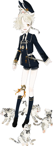 Anime picture 334x910 with touken ranbu nitroplus gokotai gokotai's tigers molatoliamu single tall image looking at viewer fringe short hair open mouth blonde hair yellow eyes full body hair over one eye official art transparent background hat removed animal on head boy