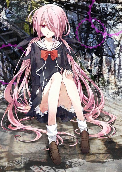 Anime picture 726x1024 with chaos;child onoe serika d midiror single tall image blush fringe sitting twintails signed looking away pink hair ahoge bent knee (knees) very long hair pleated skirt pink eyes hair over one eye bare legs dated