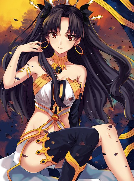 Anime picture 800x1078 with fate (series) fate/grand order ishtar (fate) mysterymiharu single long hair tall image looking at viewer blush fringe breasts light erotic black hair red eyes sitting bare shoulders cleavage light smile two side up asymmetrical clothes
