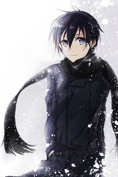 Anime picture 800x1200 with sword art online a-1 pictures kirigaya kazuto jianmo sl single tall image short hair black hair looking away light smile black eyes snowing winter hands in pockets boy scarf coat