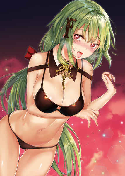 Anime picture 700x984 with girls frontline mk48 (girls frontline) heifetz single long hair tall image looking at viewer blush fringe breasts light erotic simple background hair between eyes red eyes standing cleavage fingernails green hair gradient background sideboob