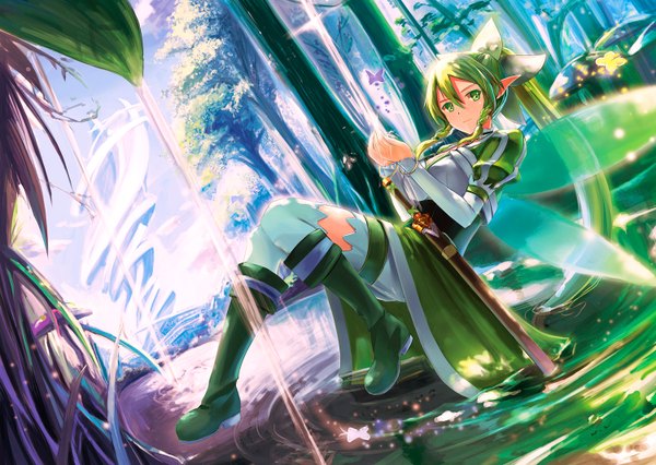 Anime picture 1500x1066 with sword art online a-1 pictures leafa kyaro (kyaro54) single long hair green eyes ponytail green hair pointy ears elf girl thighhighs dress plant (plants) white thighhighs wings tree (trees) boots insect