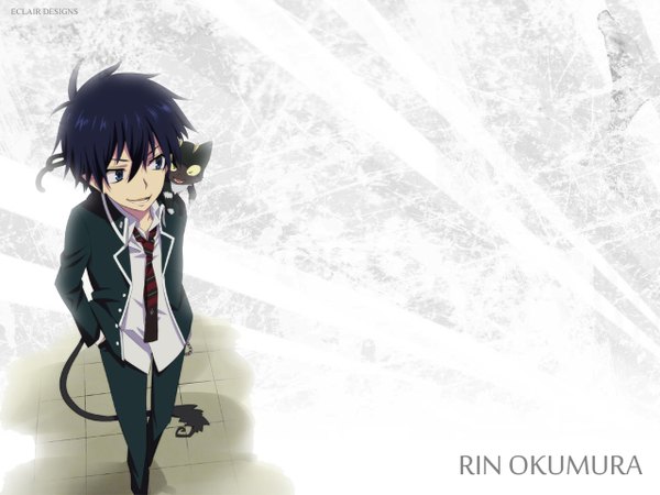 Anime picture 1280x960 with ao no exorcist a-1 pictures okumura rin kuro (ao no exorcist) single short hair open mouth blue eyes simple background smile standing blue hair inscription character names light striped multiple tails hands in pockets animal on shoulder boy