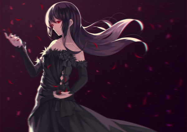 Anime picture 3508x2480 with original veilrain single long hair fringe highres black hair simple background hair between eyes red eyes standing bare shoulders looking away absurdres blurry depth of field fur trim gradient background floating hair glowing