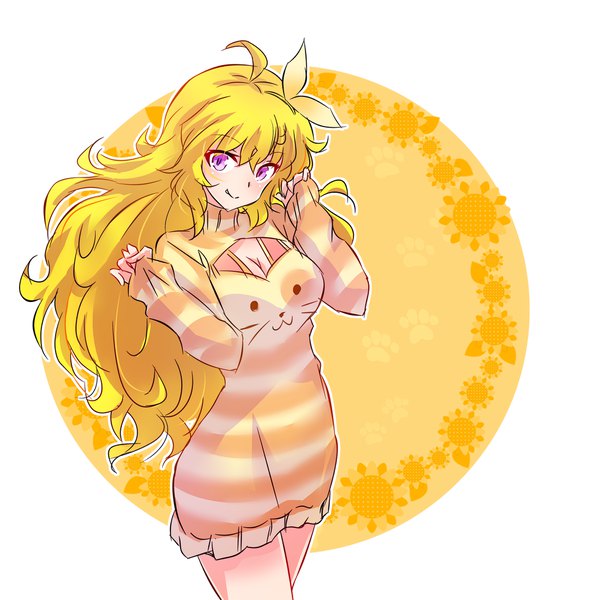 Anime picture 2000x2029 with rwby rooster teeth yang xiao long iesupa single long hair tall image looking at viewer highres breasts blonde hair simple background smile white background purple eyes ahoge alternate costume sleeves past wrists wavy hair cleavage cutout