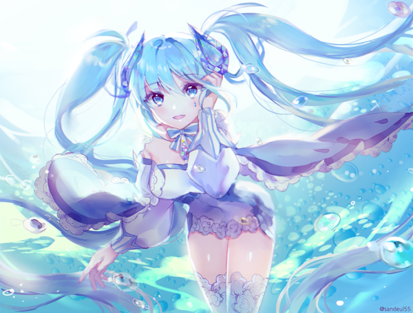 Anime picture 900x682 with vocaloid hatsune miku namida miku tobbang single long hair looking at viewer fringe breasts open mouth blue eyes hair between eyes aqua hair leaning leaning forward adjusting hair underwater girl dress hair ornament