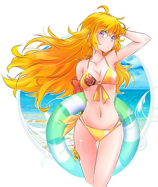 Anime picture 1164x1380 with rwby rooster teeth yang xiao long iesupa single long hair tall image breasts light erotic blonde hair large breasts purple eyes ahoge arm up wind wavy hair halterneck outline girl navel