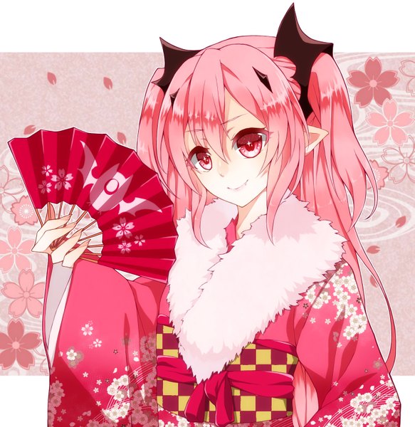 Anime picture 1435x1476 with owari no seraph wit studio kururu tepes kanoya (ueda79861) single long hair tall image blush smile hair between eyes looking away pink hair traditional clothes japanese clothes pink eyes horn (horns) pointy ears fang (fangs) two side up alternate costume