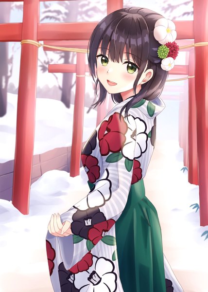 Anime picture 2057x2886 with original yukimaru217 single tall image looking at viewer blush highres short hair open mouth black hair green eyes outdoors traditional clothes :d japanese clothes turning head floral print snow girl hair ornament