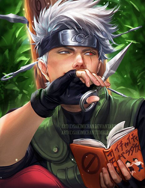 Anime-Bild 773x1000 mit naruto studio pierrot naruto (series) hatake kakashi sakimichan single tall image short hair looking away grey hair realistic heterochromia watermark portrait face spiked hair boy gloves weapon plant (plants)