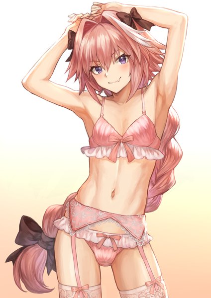 Anime picture 1302x1842 with fate (series) fate/apocrypha astolfo (fate) mashuu (neko no oyashiro) single long hair tall image looking at viewer blush fringe light erotic simple background hair between eyes purple eyes payot pink hair braid (braids) multicolored hair arms up two-tone hair