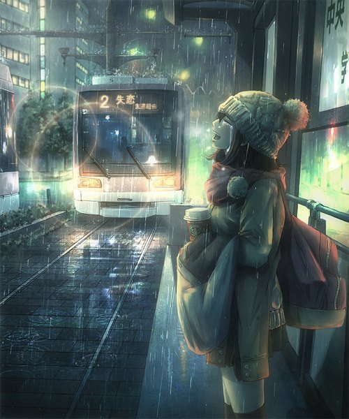Аниме картинка 800x960 с оригинальное изображение sho (shoichi-kokubun) высокое изображение короткие волосы открытый рот чёрные волосы закрытые глаза ночь слёзы дождь девушка куртка шарф шапка поезд