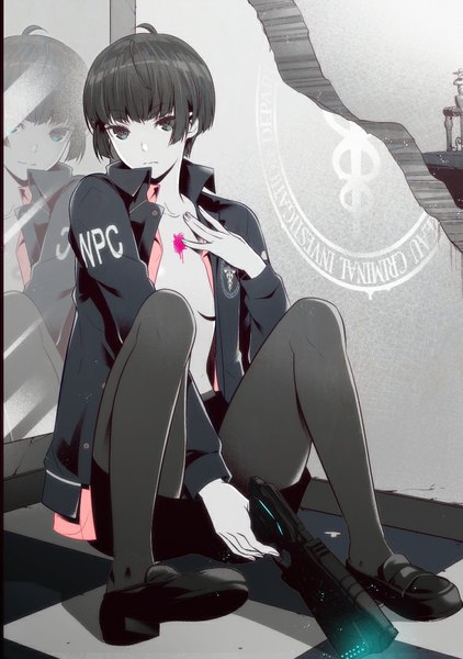 Anime picture 756x1074 with psycho-pass production i.g tsunemori akane kuso bba single tall image looking at viewer fringe short hair light erotic black hair smile sitting ahoge black eyes open clothes no bra reflection checkered floor bob cut