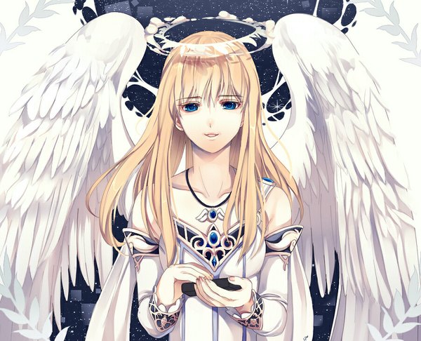 Anime picture 900x730 with loyproject single long hair looking at viewer fringe blue eyes blonde hair angel wings angel girl detached sleeves wings halo clothes