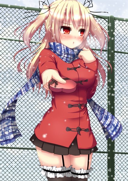 Anime picture 1032x1457 with original nyarumi single long hair tall image blush open mouth blonde hair red eyes two side up snowing winter valentine girl thighhighs skirt black thighhighs miniskirt jacket frills