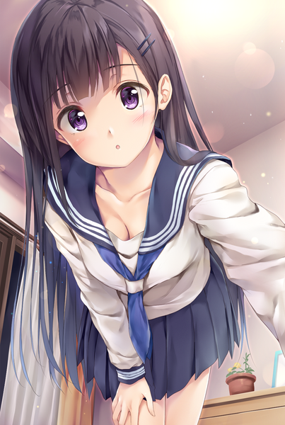 Anime picture 768x1144 with original pasdar single long hair tall image looking at viewer blush fringe breasts black hair standing purple eyes cleavage indoors parted lips pleated skirt :o leaning leaning forward girl