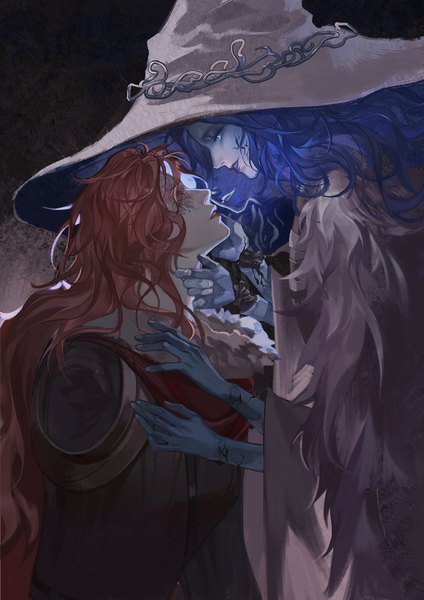 Anime picture 1000x1414 with elden ring malenia blade of miquella ranni the witch agong long hair tall image smile standing multiple girls blue hair red hair parted lips face to face eye contact blue skin extra arms girl 2 girls hat witch hat