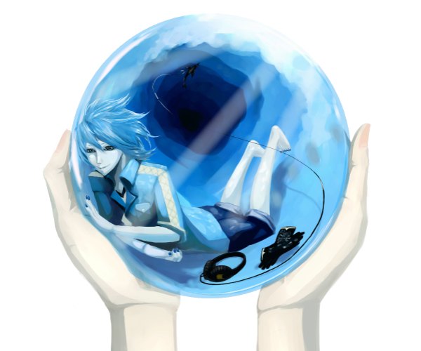 Anime picture 1198x1000 with utau shigure nao mito (mitto) blue eyes white background blue hair nail polish barefoot underwater gloves headphones fish (fishes) hands