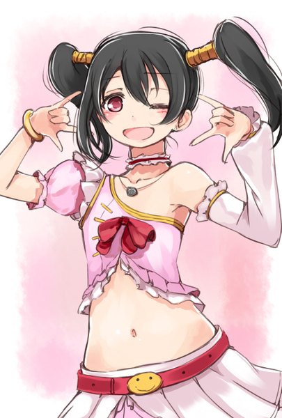 Anime picture 944x1398 with love live! school idol project sunrise (studio) love live! yazawa nico asterism single long hair tall image looking at viewer blush open mouth black hair red eyes twintails one eye closed wink girl skirt navel detached sleeves