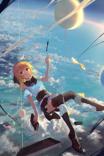 Anime picture 1500x2250 with original sombernight single long hair tall image looking at viewer blonde hair smile red eyes holding sky cloud (clouds) ahoge outdoors ponytail from above short sleeves spread legs zettai ryouiki horizon
