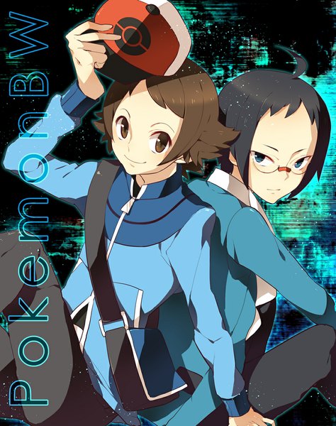 Anime picture 900x1138 with pokemon pokemon black and white nintendo hilbert (pokemon) cheren (pokemon) yamaki suzume tall image looking at viewer short hair blue eyes black hair smile brown hair sitting brown eyes ahoge inscription multiple boys boy glasses