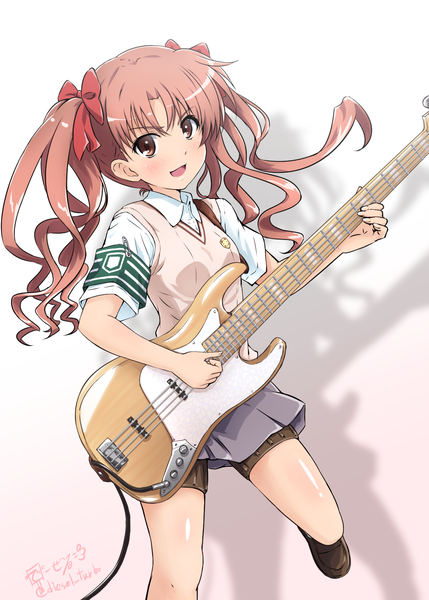 Anime picture 1088x1523 with to aru kagaku no railgun j.c. staff shirai kuroko diesel-turbo single long hair tall image looking at viewer blush fringe open mouth simple background smile brown hair standing twintails brown eyes signed :d shadow
