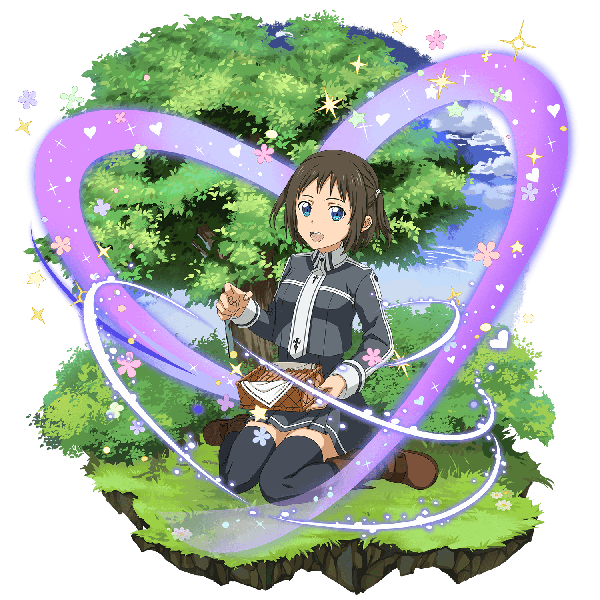 Anime picture 1500x1500 with sword art online sword art online: memory defrag a-1 pictures ronye arabel single fringe short hair open mouth blue eyes brown hair sitting holding payot sky cloud (clouds) full body bent knee (knees) :d pleated skirt official art