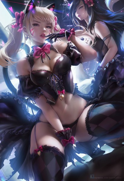 Anime-Bild 2463x3600 mit league of legends overwatch blizzard entertainment ahri (league of legends) d.va (overwatch) black cat d.va sakimichan long hair tall image looking at viewer blush fringe highres breasts open mouth light erotic black hair blonde hair twintails multiple girls