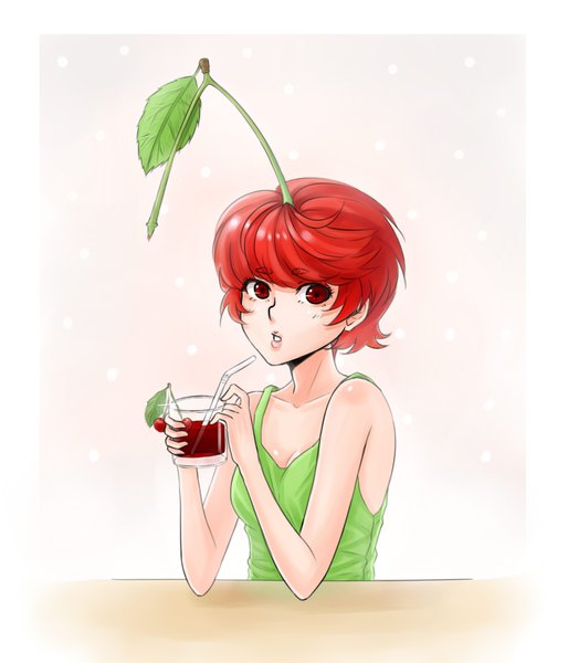 Anime-Bild 1500x1750 mit original reiji-rj single tall image looking at viewer fringe short hair simple background red eyes bare shoulders red hair parted lips border personification girl fruit drink glass tank top drinking straw