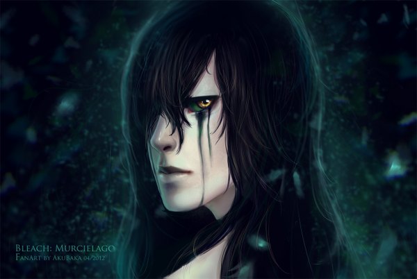 Anime picture 1323x887 with bleach studio pierrot ulquiorra schiffer akubaka single long hair black hair green eyes looking back lips realistic dark background espada boy