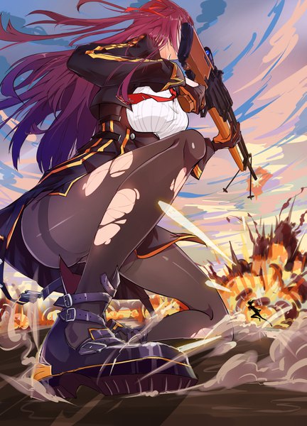 Anime picture 2125x2952 with girls frontline wa2000 (girls frontline) ya yan long hair tall image highres light erotic multiple girls holding sky purple hair cloud (clouds) full body bent knee (knees) long sleeves wind from below torn clothes solo focus squat