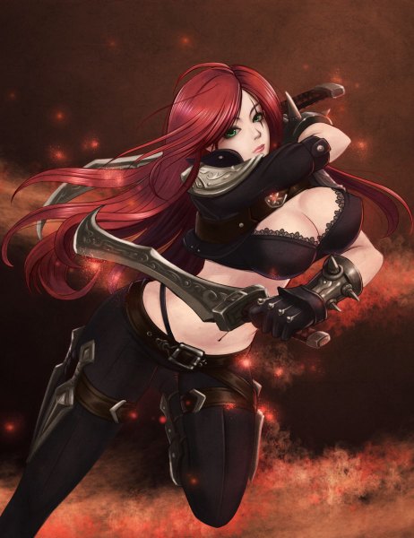 Anime picture 924x1200 with league of legends katarina (league of legends) seiryu zaiten single long hair tall image looking at viewer breasts light erotic large breasts green eyes red hair scar girl gloves navel weapon belt dagger