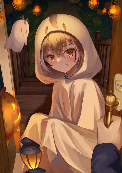 Anime picture 3500x4950 with virtual youtuber hololive hololive english nanashi mumei friend (nanashi mumei) boomei (nanashi mumei) finale tall image looking at viewer blush fringe highres short hair smile hair between eyes brown hair brown eyes absurdres night grin