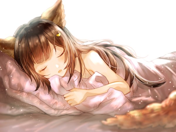 Anime picture 800x600 with granblue fantasy aster (granblue fantasy) myusha single long hair blush light erotic simple background brown hair white background bare shoulders animal ears eyes closed parted lips blurry depth of field fox ears sleeping glow girl
