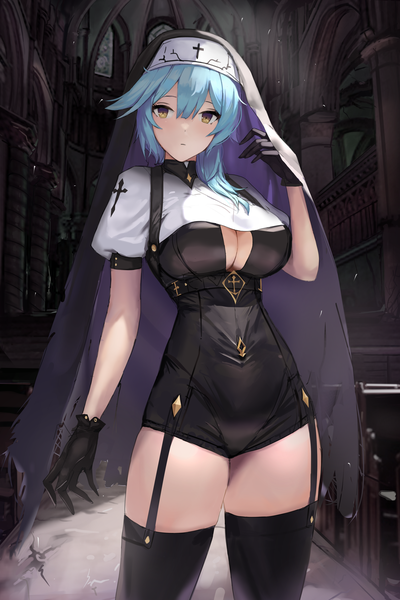 Anime picture 3000x4500 with genshin impact eula lawrence rosaria (genshin impact) dolri single tall image looking at viewer fringe highres short hair breasts light erotic hair between eyes large breasts standing brown eyes payot blue hair cleavage indoors