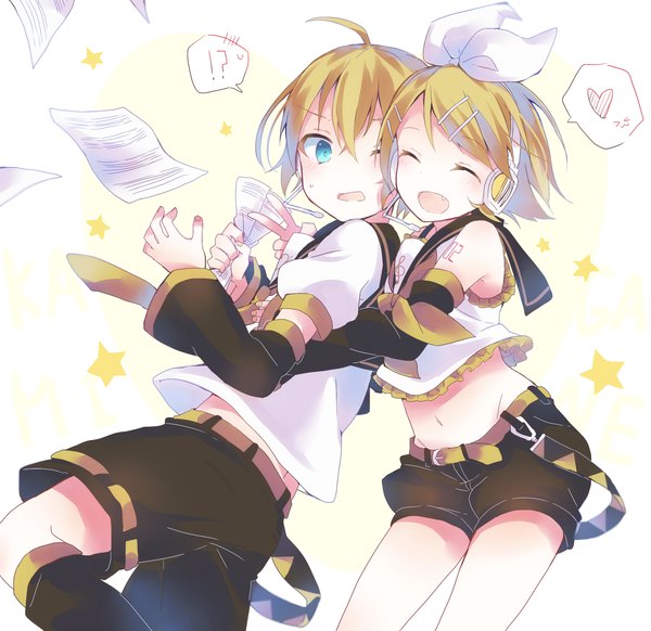 Anime picture 2647x2569 with vocaloid kagamine rin kagamine len kaneko aaru highres short hair open mouth blue eyes blonde hair ahoge eyes closed one eye closed midriff fang (fangs) hug groin ^ ^ siblings twins hug from behind