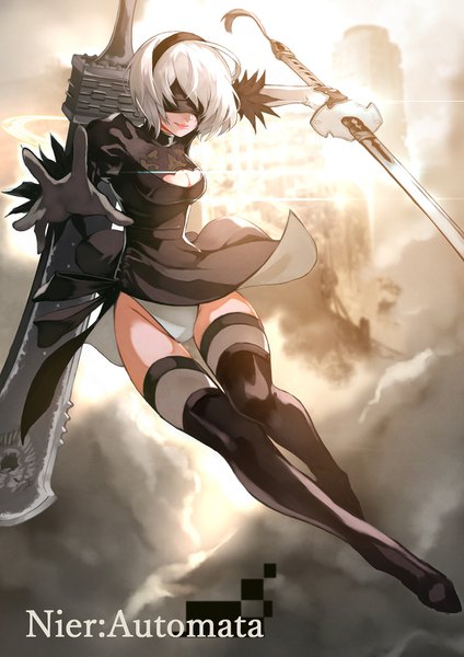 Anime picture 1060x1500 with nier nier:automata yorha no. 2 type b yoshio (55level) single tall image short hair light erotic cleavage full body white hair mole copyright name spread arms mole under mouth blindfold girl thighhighs dress gloves