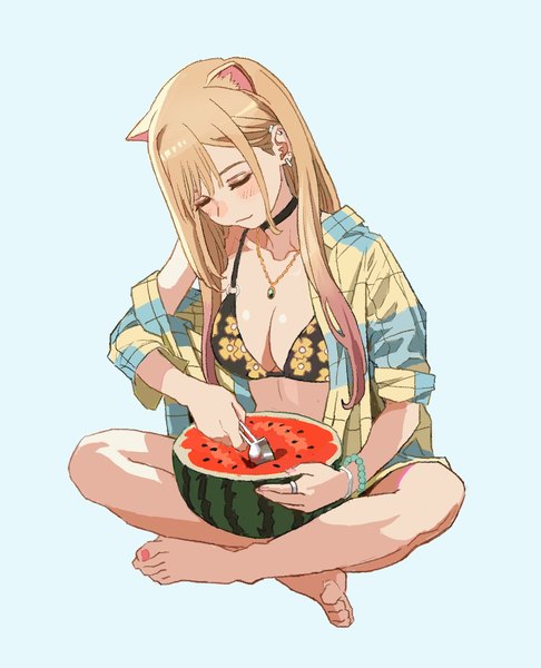 Anime picture 1416x1747 with sono bisque doll wa koi wo suru cloverworks kitagawa marin shiren (ourboy83) single long hair tall image blush breasts light erotic simple background blonde hair sitting animal ears full body eyes closed barefoot bare legs open shirt piercing