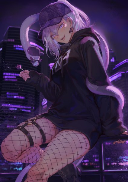 Anime picture 2896x4096 with virtual youtuber r project yatono levi mashuu (neko no oyashiro) single long hair tall image looking at viewer fringe highres open mouth smile hair between eyes sitting purple eyes holding silver hair bent knee (knees) outdoors long sleeves