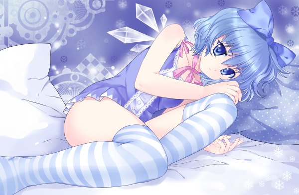 Anime picture 1200x784 with touhou cirno pico (picollector79) short hair blue eyes light erotic blue hair girl thighhighs bow hair bow wings striped thighhighs crystal