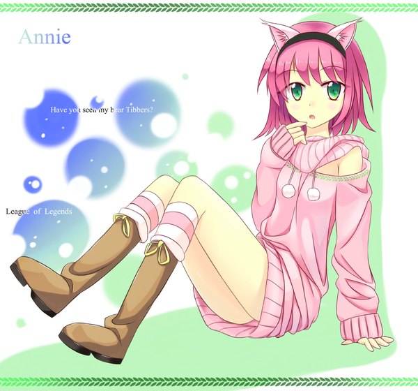 Anime picture 2550x2381 with league of legends annie (league of legends) single looking at viewer highres short hair open mouth green eyes animal ears pink hair girl thigh boots