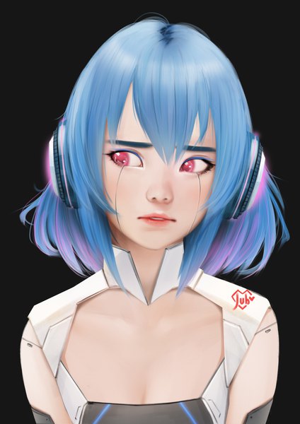 Anime-Bild 1920x2716 mit original alpha (acerailgun) jubi (regiana) single tall image fringe highres short hair simple background signed blue hair looking away parted lips pink eyes dark background borrowed character robot joints girl android