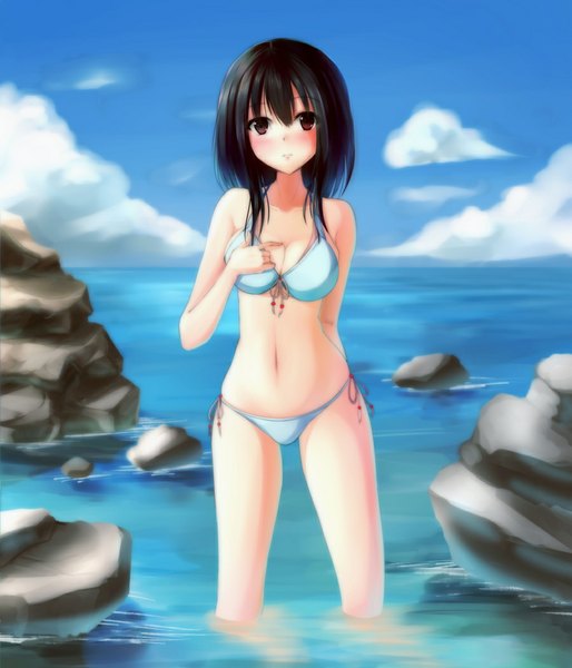 Anime picture 900x1050 with original nicoby single tall image looking at viewer blush short hair breasts light erotic black hair red eyes sky cloud (clouds) girl navel swimsuit bikini sea