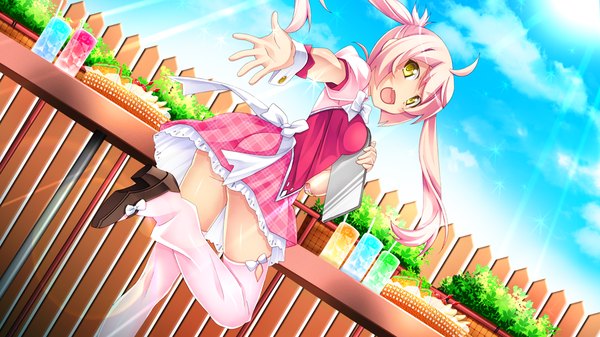 Anime picture 1024x576 with legend seven (game) long hair open mouth wide image twintails yellow eyes pink hair game cg ahoge looking back maid girl thighhighs skirt miniskirt white thighhighs
