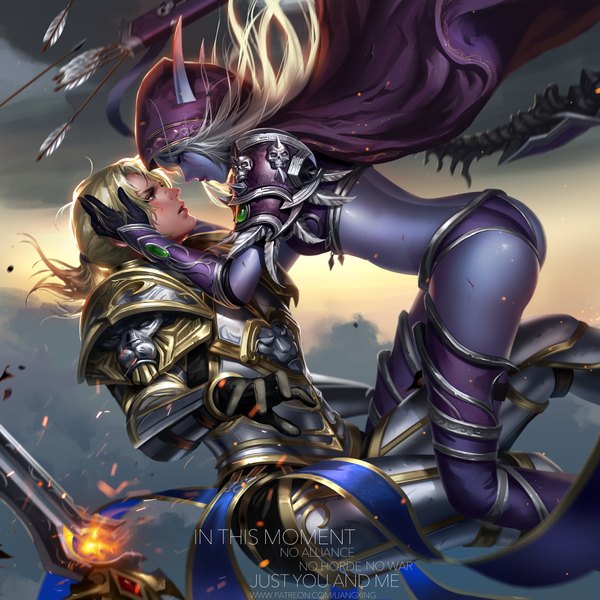 Anime picture 4000x4000 with world of warcraft blizzard entertainment sylvanas windrunner anduin wrynn liang xing long hair highres light erotic blonde hair signed absurdres sky cloud (clouds) bent knee (knees) ponytail eyes closed profile lips pointy ears realistic
