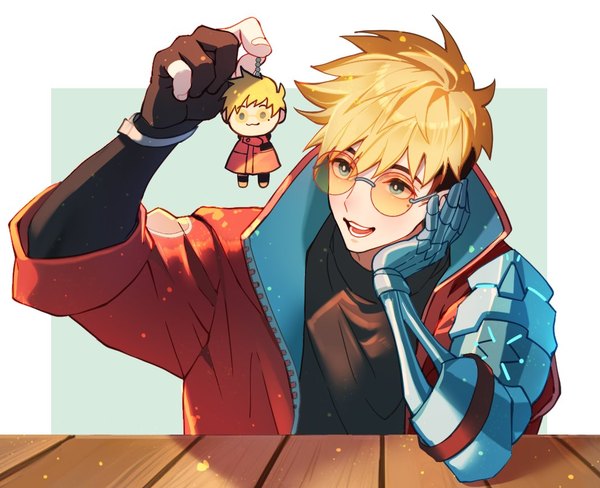 Anime picture 1068x868 with trigun trigun stampede vash the stampede natural wind single short hair open mouth blonde hair holding green eyes :d mole mole under eye head rest mechanical arms boy gloves partly fingerless gloves trinket character doll